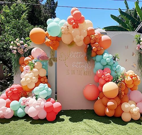Pinbra Pastel Balloons Garland Kit Coral Balloons Teal Blue Balloons Champagne and Baby Pink Matte Balloons Gold Metallic Balloons for Baby Shower Rainbow Birthday Weeding Anniversary Decorations