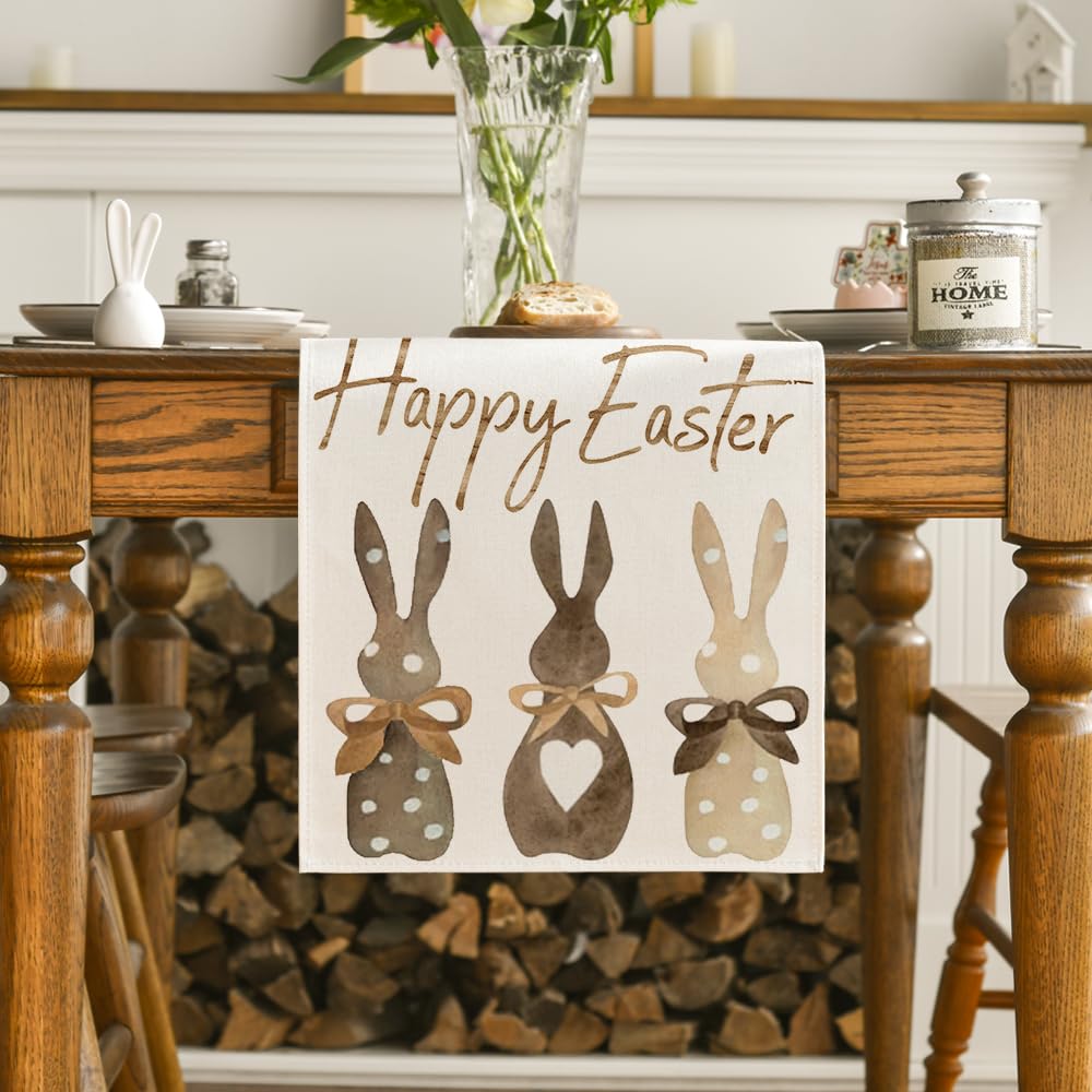 Artoid Mode Carrots Rabbit Bunny Happy Easter Table Runner, Spring Summer Seasonal Holiday Kitchen Dining Table Decoration for Indoor Outdoor Home Party Decor 13 x 72 Inch