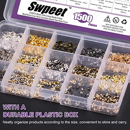 Swpeet 1501Pcs 6 Colors 4 Styles Brass Tube Crimp Beads with Bead Crimping Pliers Kit, Including Brass Tube Crimp Beads & Crimp Beads Knot Covers & Wire Guardians & Iron Bead Tips Knot Covers