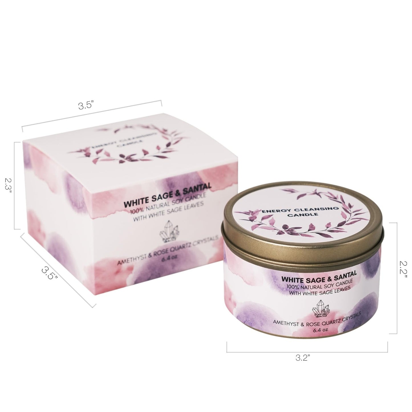 White Sage Smudge Candle with Rose Quartz and Amethyst Gemstone Crystals 100% Natural Soy Wax Scented with Essential and Fragrance Oils