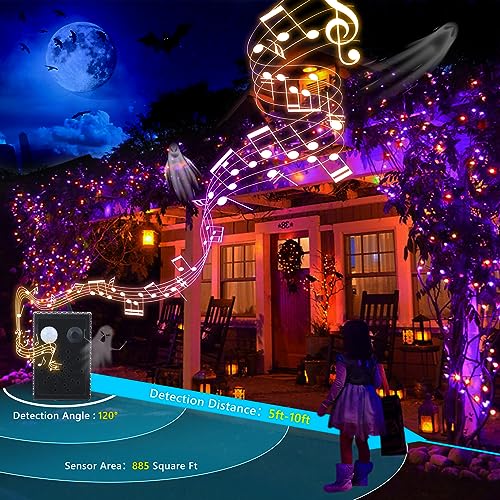 Toodour Halloween Lights Outdoor, 82FT 200 LED Halloween String Lights with Spooky Music Waterproof, Plug in Motion Sensor Orange & Purple String Light for Yard Bedroom Home Party Tree Halloween Decor