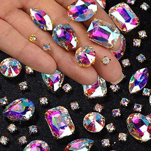 156 Pieces Sew on Rhinestones Claw Flatback Crystal Rhinestones Metal Prong Setting Rhinestones Acrylic Glass Sewing Gems for Clothes DIY Craft Shoes Dress Jewelry Making (Gold Claw, White AB)