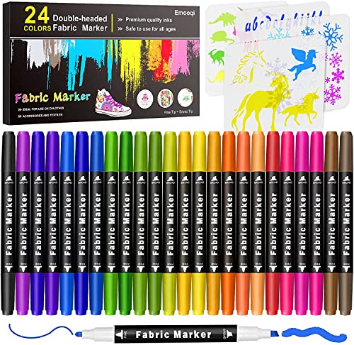 Fabric Markers Pen, Emooqi 24 Colors Fabric Paint Art Marker Set Double-Ended Fabric Markers with Chisel Point and Fine Point Tips, Child Safe & Non-Toxic