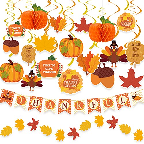 Dazonge Thanksgiving Decorations 40PCS, Pre-Assembled Thanksgiving Banner, Hanging Swirls, Fall Leaves Garland and Honeycomb Pumpkins for Thanksgiving Decor, Fall decor, Thanksgiving Decorations for Home