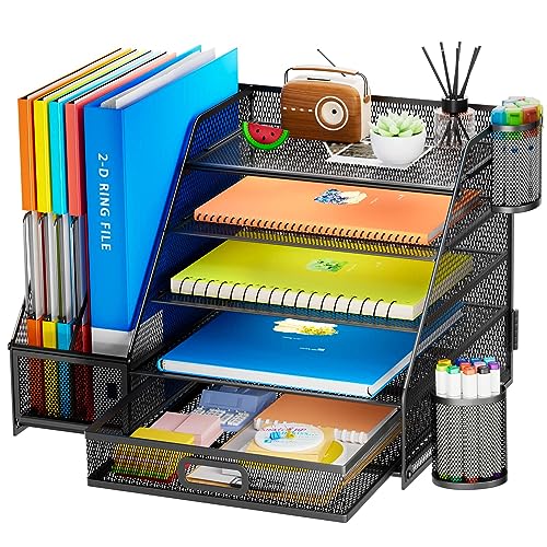 Marbrasse Desk Organizer with File Holder, 5-Tier Paper Letter Tray Organizer with Drawer and 2 Pen Holder, Mesh Desk Organizers and Accessories, Desktop Organizer and Storage for Office Supplies