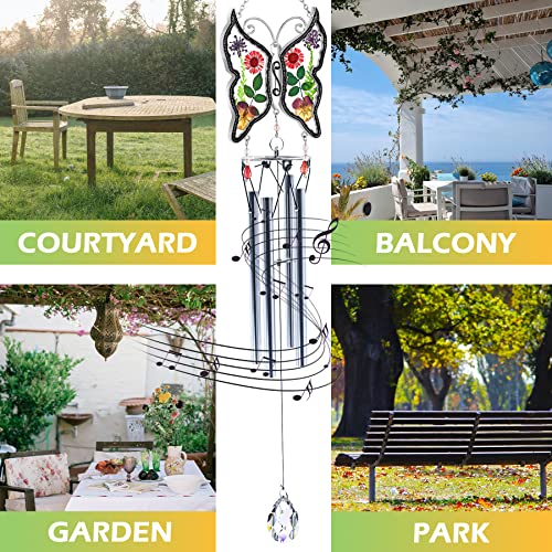 KY&BOSAM Wind Chimes Butterfly Wind Chimes for Outside Real Flower Outdoor Windchimes Gifts for mom Grandma Birthday Nana Gifts Garden Balcony Home Décor Wind Chimes Handmade Memorial Wind Chimes