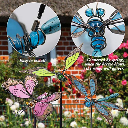 Juegoal 34 Inch Butterfly Garden Stakes Decor, Dragonfly Hummingbird Stakes, Glow in Dark Metal Yard Art for Mom, Mothers Day Ideal Gifts, Indoor Outdoor Lawn Pathway Patio Ornaments, Set of 3