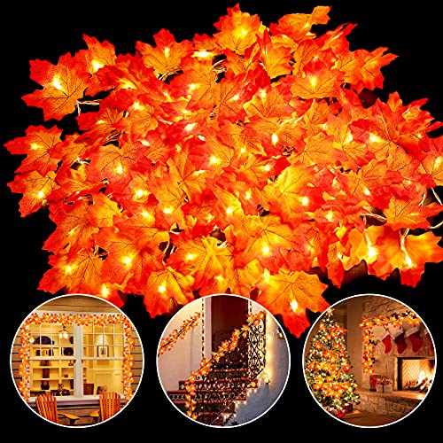 OCATO 4PCS Fall Decor Thanksgiving Decorations for Home Table, Fall Leaves Garland Lights 40FT 80LED Halloween Decorations Indoor Outdoor Fall Home Room Decor Autumn Harvest Party Wedding Decorations