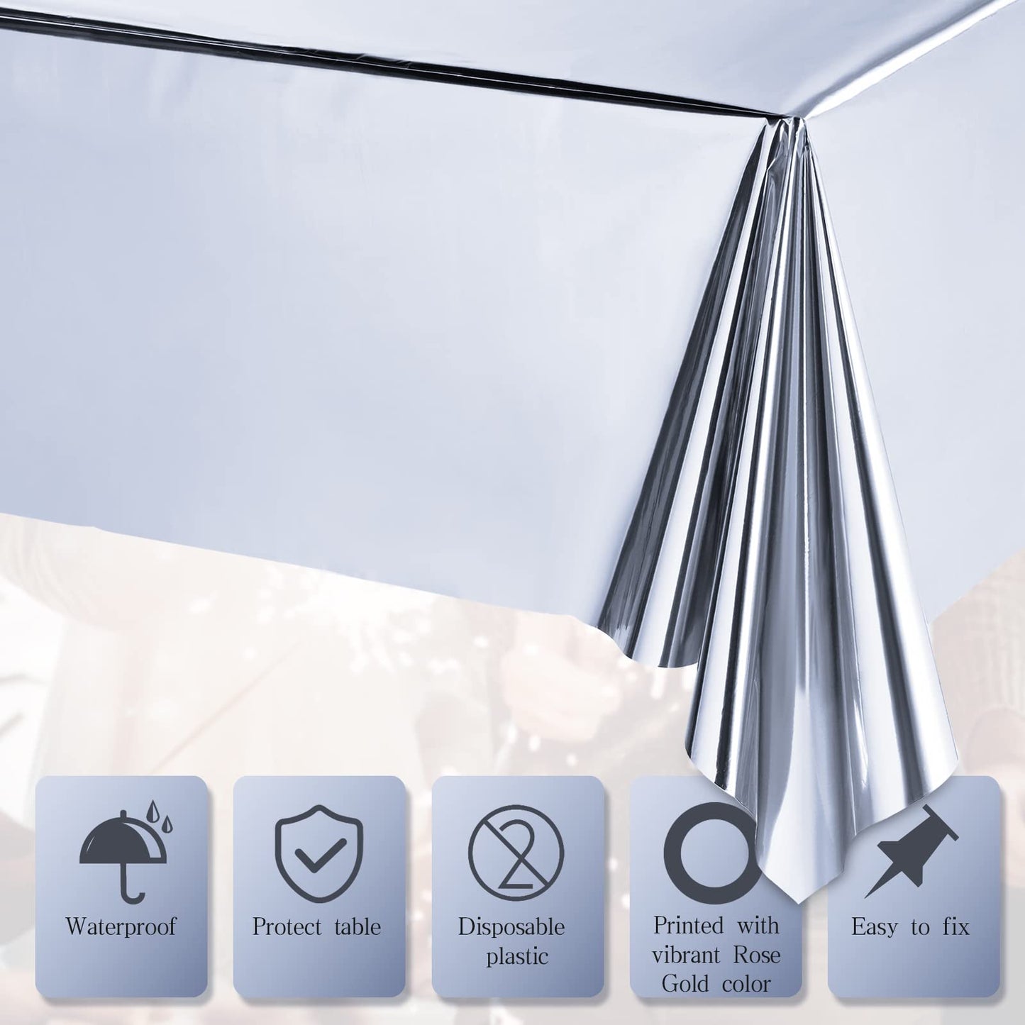 Foil Party Rectangular Table Covers Table Cloth 54 x 108 Inch Shiny Plastic Waterproof Tablecloth Party Table Cover for Wedding Anniversary Engagement Party (Silver, 3 Pieces)