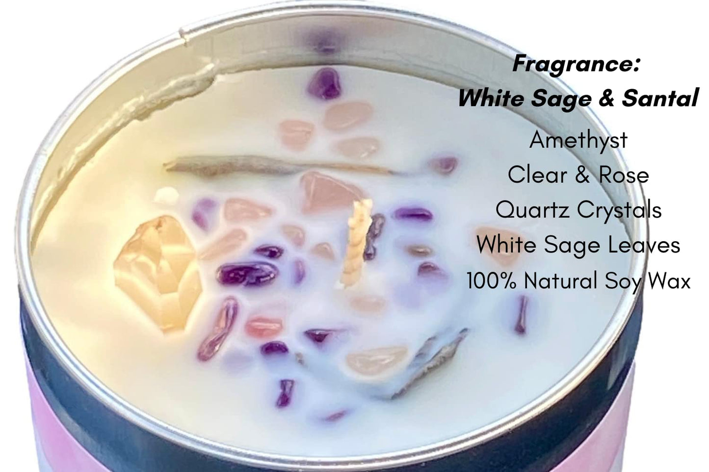 White Sage Smudge Candle with Rose Quartz and Amethyst Gemstone Crystals 100% Natural Soy Wax Scented with Essential and Fragrance Oils