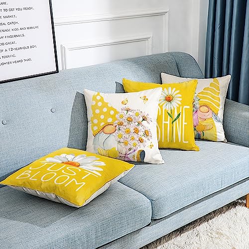 All Smiles Outdoor Yellow Throw Pillow Covers 18x18 Set of 4 Spring Summer Decorative Cushion Cases Home Décor Decorations for Patio Couch Chair Sofa,Daisy Floral Gnomes