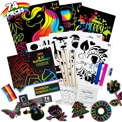 Raimarket Christmas Gifts for Kids 74-Piece, Scratch Art for Kids, Arts and Crafts for Kids, Rainbow Scratch Paper Art Set for Girl Birthday Gifts, 4-6 Christmas Girl Gifts Unicorn Toys