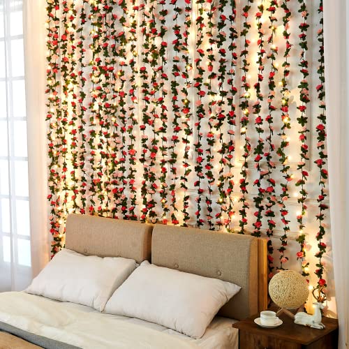 MARTINE MALL Flower Garland Rose Vines, 5 Strands 41Ft Flowers Vines for Bedroom, Rose Flower Garland Decoration, Pink Rose Floral Garland for Room Table Birthday Wedding Party Garden Wall Decor