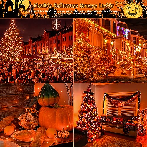Ｗoohaha Solar Halloween Lights Outdoor,2 Pack Each 33Ft 100LED Orange Halloween Lights,Copper Wire Solar Powered Fairy String Lights 8 Modes for Garden,Tree,Thanksgiving,Christmas,Parties,Home Decor