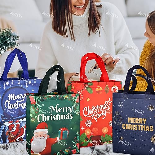 Aviski 8PCS Christmas Gift Bags,Christmas Tote Bags with Handles, Christmas Treat Bags, Multifunctional Non-Woven Christmas Bags for Gifts Wrapping Shopping, Xmas Party Supplies, 12.2×9.8×4.5inch