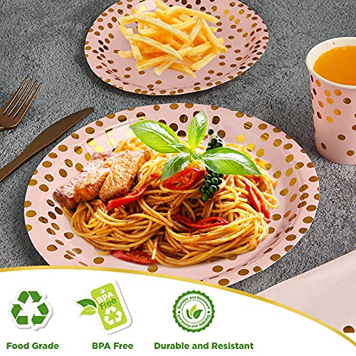 210 Piece Golden Dot Disposable Party Dinnerware Set 30 Guest -Pink Paper Plates Napkins Cups,Gold Plastic Forks Knives Spoons,FOCUSLINE Pink and Gold Party Supplies for Graduation Birthday Wedding