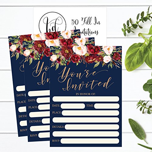 50 Floral Invitations, Fall Bridal or Baby Shower Invite, Birthday Invitation Wedding Rehearsal Dinner Invites, Autumn Engagement Bachelorette Reception Anniversary, Housewarming, Graduation, Sweet 16