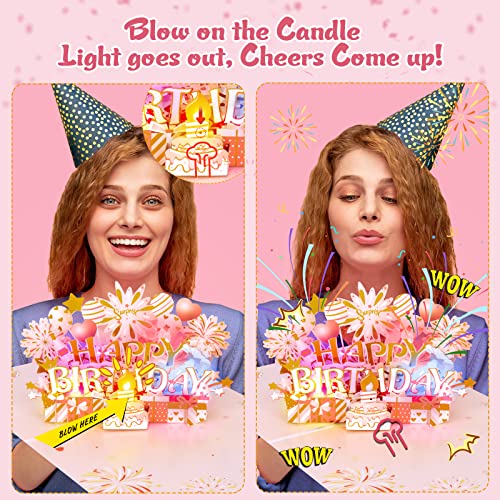 INPHER Musical Birthday Card 3D Pop Up with Light Blow Out LED Candle and Plays Happy Birthday Music Surprise Greeting Cards Gifts for Women Rose Gold