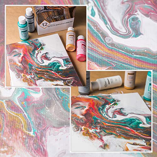 GenCrafts Metallic Acrylic Pouring Paint Set of 12 Metallic Colors - Pre-Mixed High Flow & Ready to Pour - 2 oz./59 ml Bottles - Multi-Purpose Paints for Canvas & Paper, Rocks, Wood