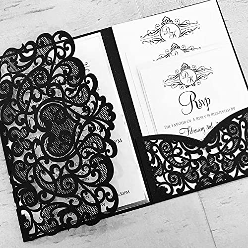 NC Cylallen 50 Sets Tri fold Love Hollow Laser cut Pocket Wedding Invite Invitation Card Jacket for Party Birthday Quinceañera Invite 4.92 by 7.28 inches (Black, Only Invitation cover)