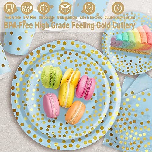 350PCS Blue and Gold Party Decorations 50 Guests Blue Paper Plates Plastic Forks Knives Spoons & Golden Dot Blue Party Plates Napkins Cups for 2023 Graduation Decorations Baby Shower Boy Birthday
