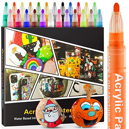 Acrylic Paint Pens Markers-24 Colors Waterproof Paint Pens for Rock Painting,Graffiti, Stone, Ceramic, Glass, Wood, Fabric, Canvas, Porcelain, Metal,Pumpkins,Water Based Quick Dry Non-Toxic No Odor