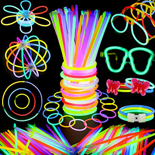 BUDI 467Pcs Glow Sticks Party Favors for Kids Adults 200 GlowStick Bulk 7 Colors 8 Inch & 267 Connectors Necklace Bracelets Glasses and More in the Dark Light Up Toys