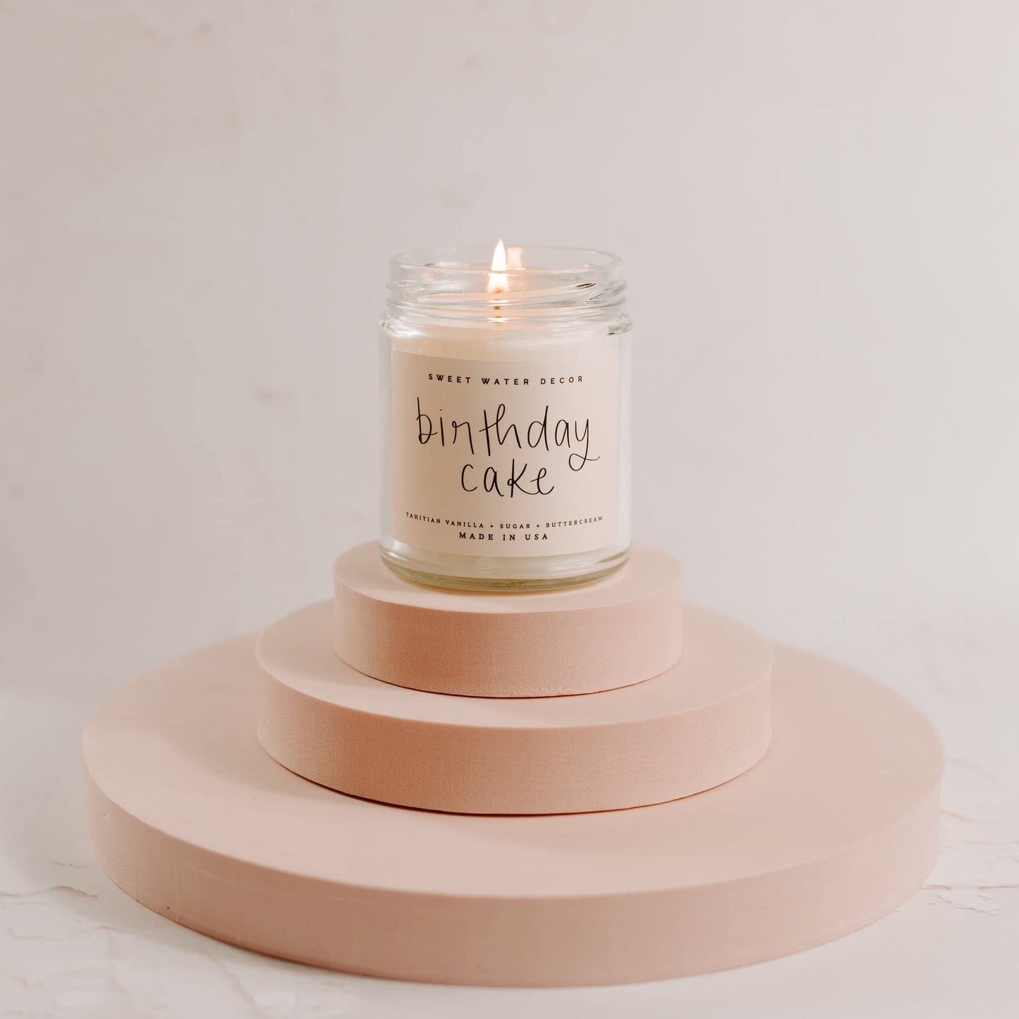 Sweet Water Decor Birthday Cake Candle, Tahitian Vanilla, Powdered Sugar, and Buttered Rum Scented Soy Wax Candle for Home | 9oz Clear Jar, 40 Hour Burn Time, Made in the USA
