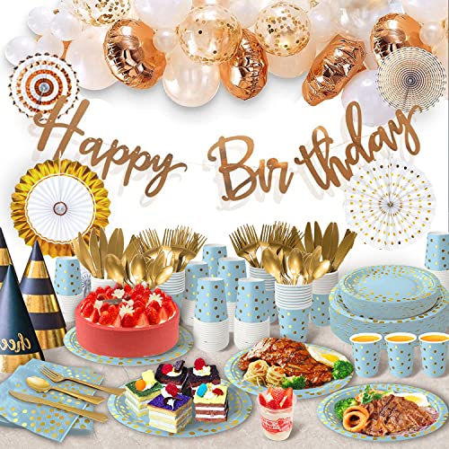 350PCS Blue and Gold Party Decorations 50 Guests Blue Paper Plates Plastic Forks Knives Spoons & Golden Dot Blue Party Plates Napkins Cups for 2023 Graduation Decorations Baby Shower Boy Birthday