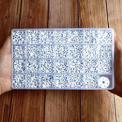 Amaney 1400 Pieces Letter Beads A-Z and Elastic Line Heart Beads 4x7mm White Round Acrylic Alphabet for Jewelry Making Bracelets Necklaces Key Chains