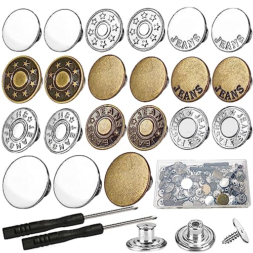 60 Sets Jean Buttons Pins, 17mm and 20mm No-Sew Removable Metal Buttons for Jeans, Jean Button Replacement Repair Combo Rivets and Screwdrivers in Storage Box, Women and Men's Jeans Clothing Supplies