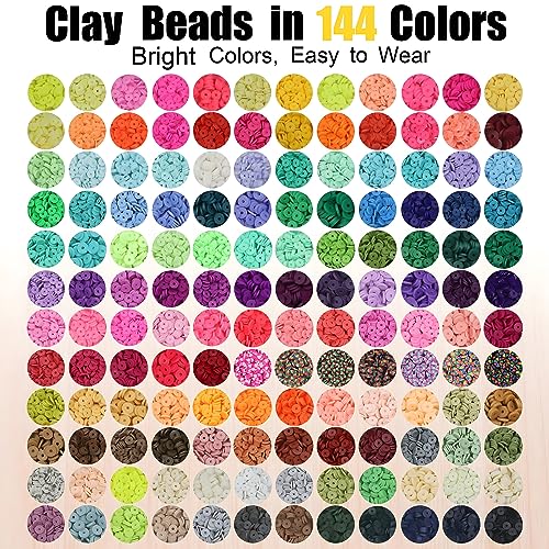 LIS HEGENSA 144Colors 20000+Pcs Clay Beads Bracelet Making Kit, Crafts Polymer Heishi Beads with Charm and Elastic Strings, Preppy Padded Beads for Jewelry Making kit Gift for Teen Girls