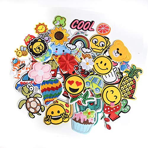AXEN 60PCS Embroidered Iron On Patches DIY Accessories, Random Assorted Decorative Patches, Cute Sewing Applique for Jackets, Hats, Backpacks, Jeans, 60 Pieces Package