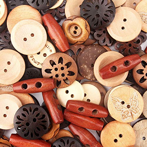 Assorted Wooden Buttons, 120Pcs Wooden Handmade Buttons, Wooden Sewing Buttons Art DIY Craft Supplies with Box
