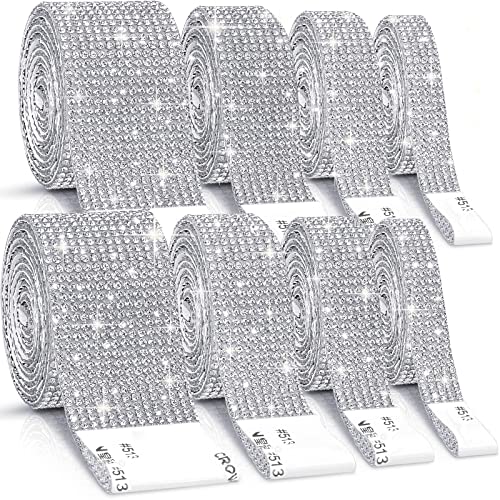 8 Rolls Rhinestone Ribbons,Cludoo 8 Yard Silver Self Adhesive Rhinestone Ribbon, Bling Crystal Diamond Ribbon Roll Wrap Glittering Rhinestones Sticker for Decoration Car DIY Arts Crafts Wedding