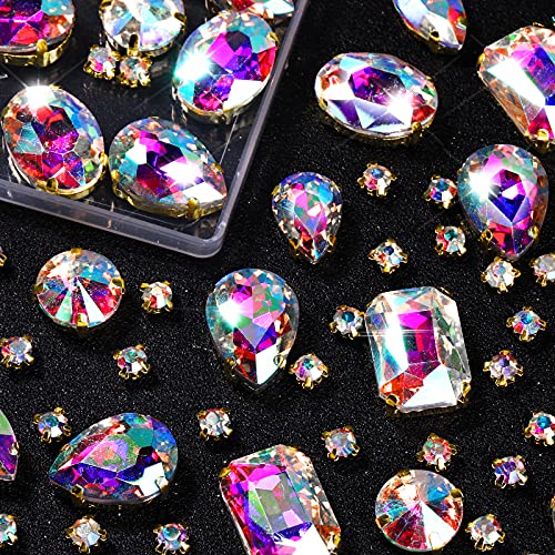 156 Pieces Sew on Rhinestones Claw Flatback Crystal Rhinestones Metal Prong Setting Rhinestones Acrylic Glass Sewing Gems for Clothes DIY Craft Shoes Dress Jewelry Making (Gold Claw, White AB)