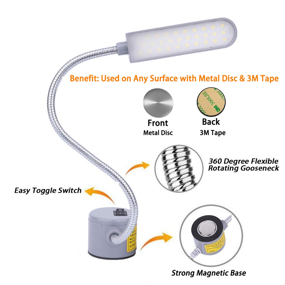 EVISWIY Sewing Machine Light LED Lighting (30LEDs) 6 Watt Multifunctional Flexible Gooseneck Arm Work Lamp with Magnetic Mounting Base for Workbench Lathe Drill Press 2 Pack
