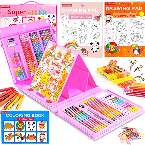 Soucolor Art Supplies, 283 Pieces Drawing Set Art Kits with Trifold Easel, 2 Drawing Pads, 1 Coloring Book, Crayons, Pastels, Arts and Crafts Gifts Case for Kids Girls Boys Teens Beginners