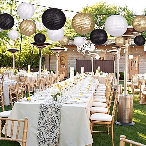 Paper Lanterns Decorative, Round Hanging Paper Lanterns Decorations for Wedding Graduation Anniversary Birthday Party Supplies Black/Gold/White 15pcs