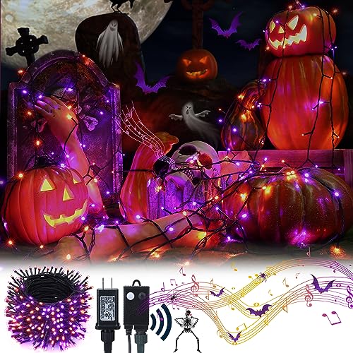Toodour Halloween Lights Outdoor, 82FT 200 LED Halloween String Lights with Spooky Music Waterproof, Plug in Motion Sensor Orange & Purple String Light for Yard Bedroom Home Party Tree Halloween Decor