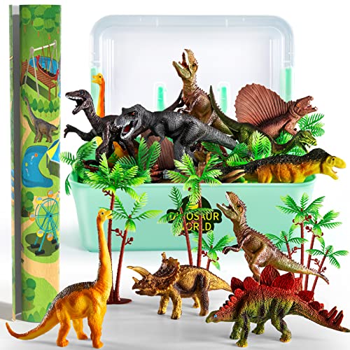 TEMI Dinosaur Toys for Kids 3-5 with Play Mat & Trees, Realistic Jurassic Dinosaur Figures to Create a Dino World Includes T-rex, Triceratops, Velociraptor, Gift for Toddlers Boys & Girls 2 3 4 5 6 7