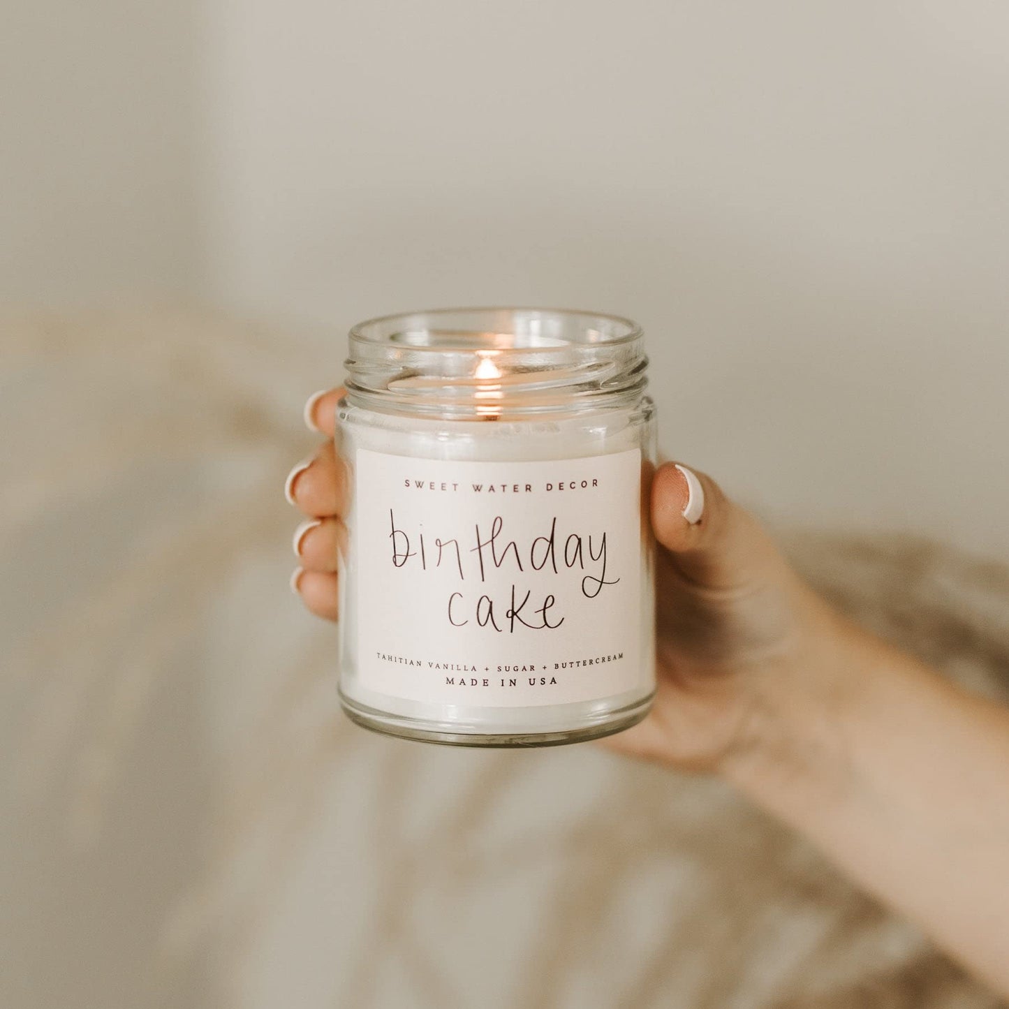 Sweet Water Decor Birthday Cake Candle, Tahitian Vanilla, Powdered Sugar, and Buttered Rum Scented Soy Wax Candle for Home | 9oz Clear Jar, 40 Hour Burn Time, Made in the USA