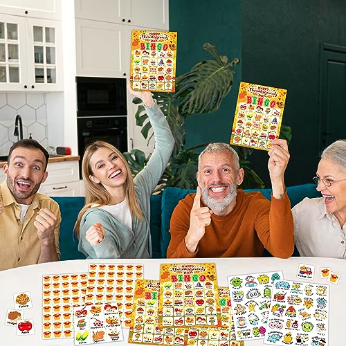 24 Players Thanksgiving Bingo Cards, Thanksgiving Bingo Game for Kids with Punny Stickers Fall Festival Bingo Sets Classroom Family Party Game Holiday Activities
