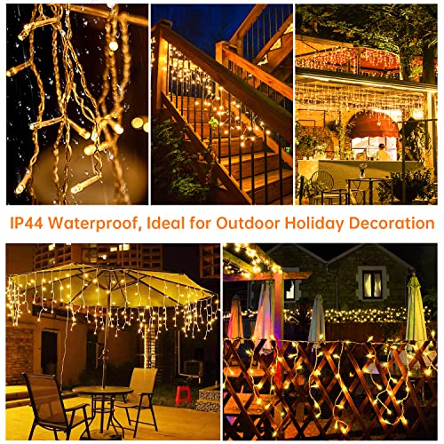 Blingstar Icicle Lights Christmas Lights Outdoor 49.2Ft 440 LED Extendable Dripping Lights 8 Mode Warm White Icecycle String Lights Cascade for Indoor Outside Xmas Holiday House Decor, Clear Wire