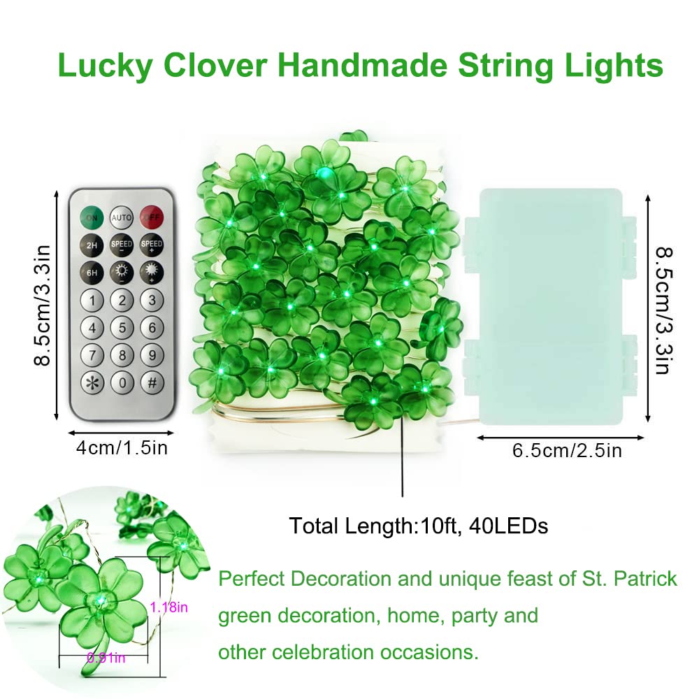 BOHON St Patricks Day Decorations Shamrocks String Lights Battery Operated with Remote 10 ft 40 LEDs Lucky Clover Green Lights for Bedroom Party Feast of Saint St. Patrick's Day Decoration