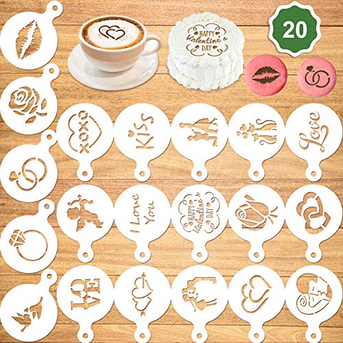 Konsait 20Pack Valentine's Day Cake Stencil Templates Decoration, Reusable Valentine's Day Cake Cookies Baking Painting Mold Tools, Dessert, Coffee Decorating Molds Cappuccino Mousse Hot Chocolate
