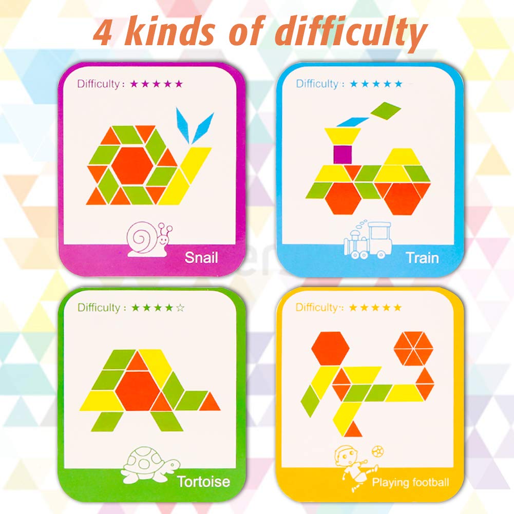 LovesTown 209 PCS Wooden Pattern Blocks, Geometric Shapes Blocks Pattern Blocks with Cards Tangram Puzzles for Kids Educational Tangram Toys