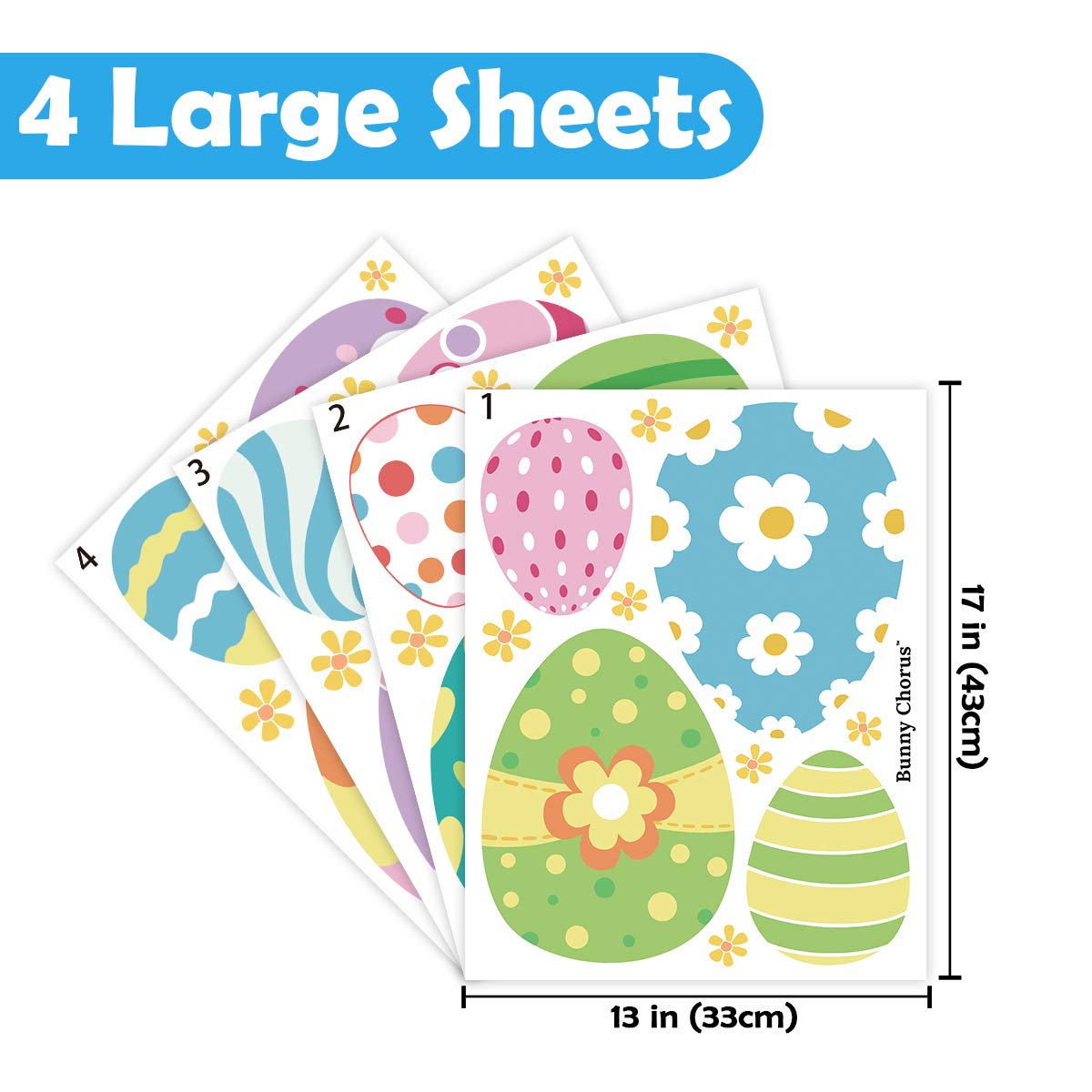 Ivenf Easter Decorations Window Clings Decals Decor, Extra Large Easter Eggs Flowers Party Supplies Gifts, Spring Window Clings Decorations for Kids School Home Office, 4 Sheets 46 pcs