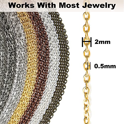 Jishi Chains Jewelry Making Supplies, 60ft Cable Link Chains for Making Jewelry Necklace Earring Bracelet Findings DIY Craft Kit for Adults, 6-Color 2mm Gold Silver Copper Plated Metal Link Rolls Bulk