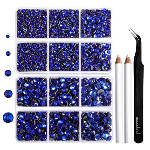 6736pcs Hotfix Rhinestones Flatback,Royal Blue Rhinestones for Crafts Clothes Mixed 5 Sizes, Hotfix Crystals with Tweezers and Wax Pencil Kit, SS6-SS30,Sapphire